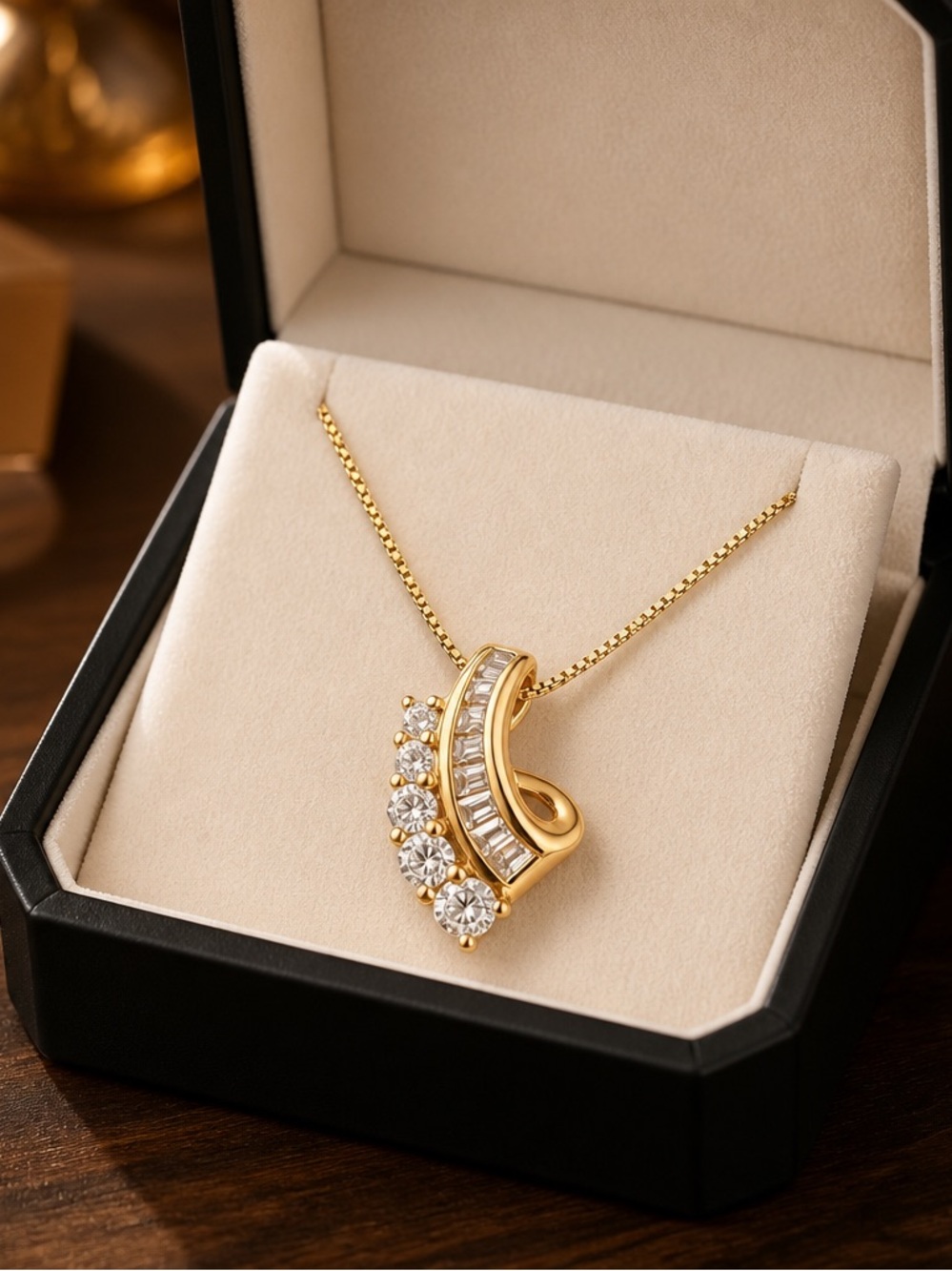 Swirl Pendant Necklace with 10 Natural  Diamonds 14 k Gold 18 Inch Chain